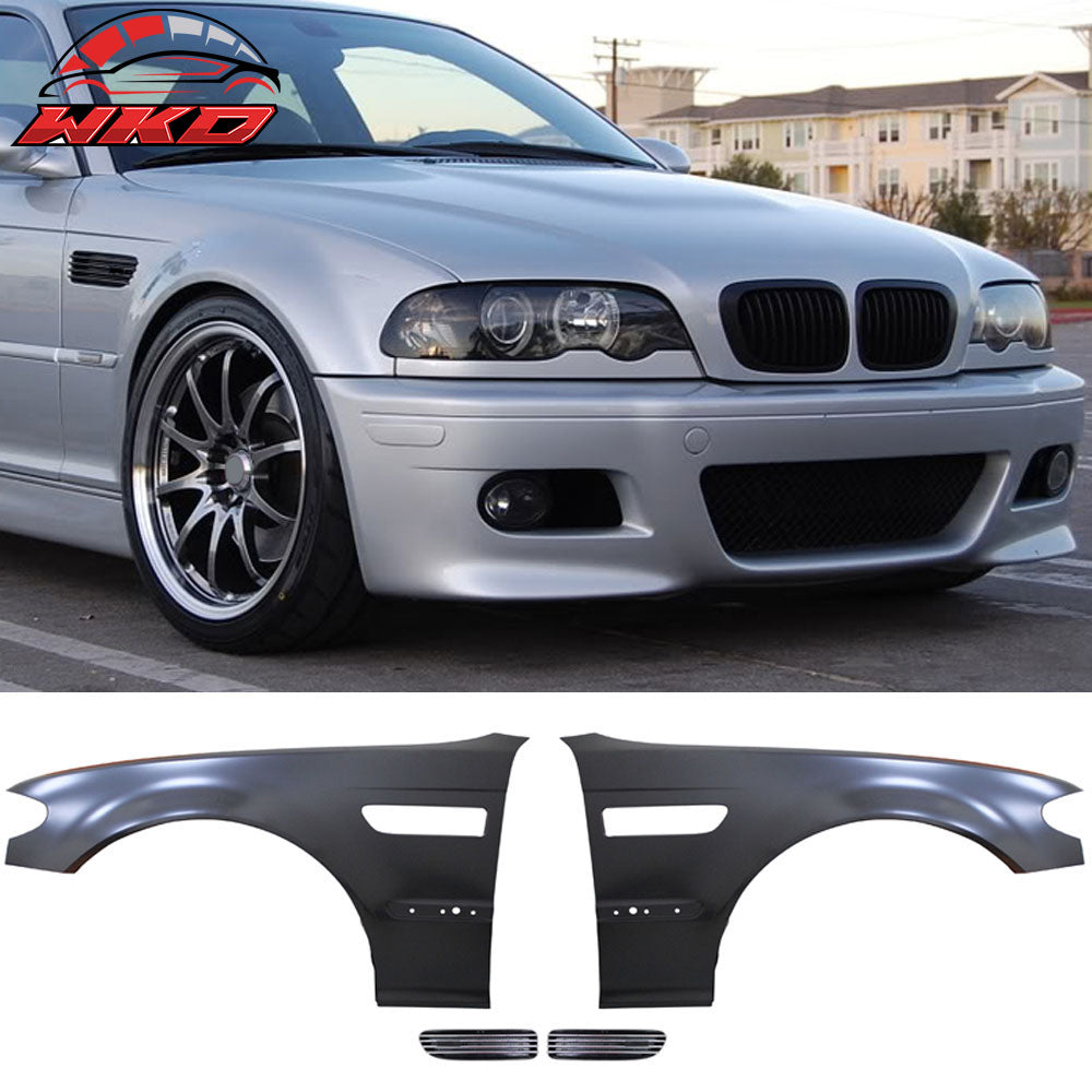 Fits 02-04 BMW E46 3 Series 4D M3 Style Metal Fenders + Chrome Side Vent