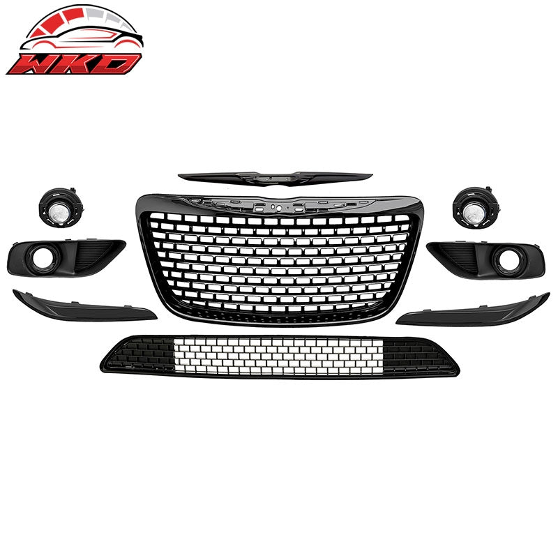 Fits 11-14 Chrysler 300 SRT8 Gloss Black Front Upper Lower Grille w/ Fog Lights