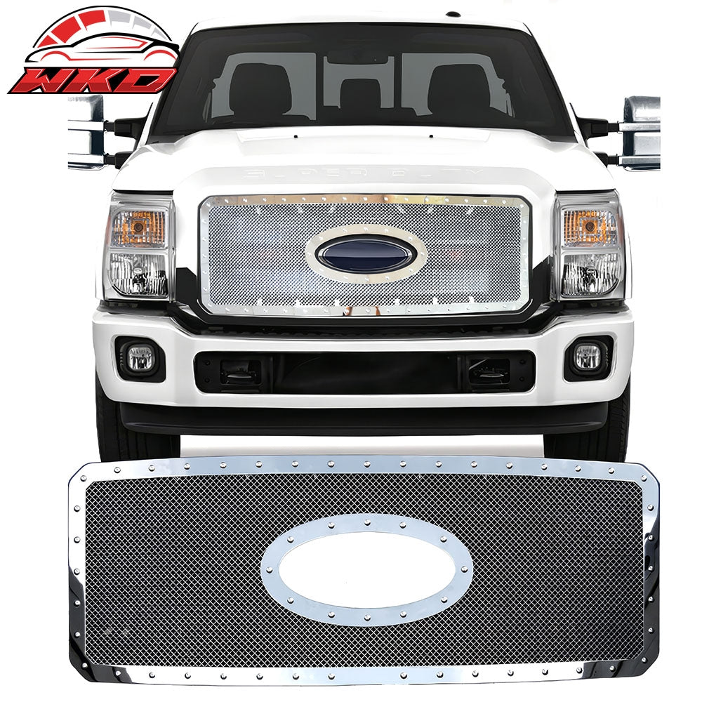 For 11-13 F-250 Super Duty Mesh Chrome Black Front Insert Grille Stainless Steel