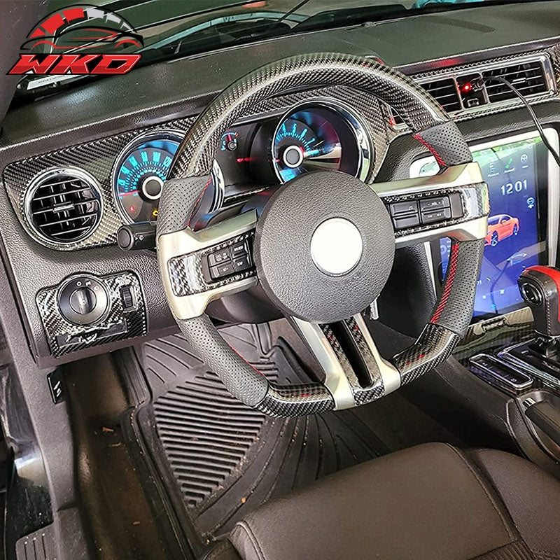 Fits 10-14 Ford Mustang Carbon Fiber + Leather Steering Wheel W/Red Stitching