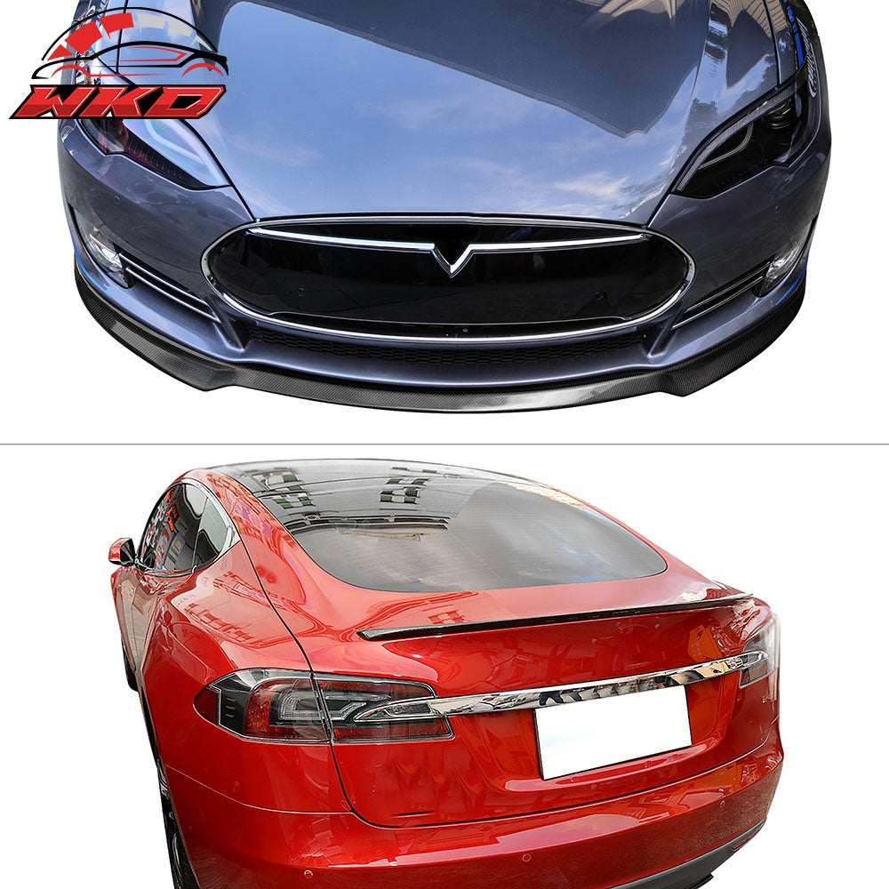 12-16 Tesla Model S Front Bumper Lip & OE Style Trunk Spoiler Carbon Fiber | Wholesale - Wikond Auto