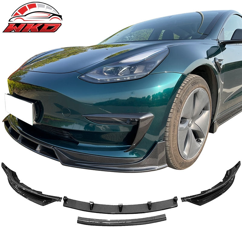 Fits 17-23 Tesla Model 3 IKON Carbon Fiber Print Front Bumper Lip Spoiler 4PCS