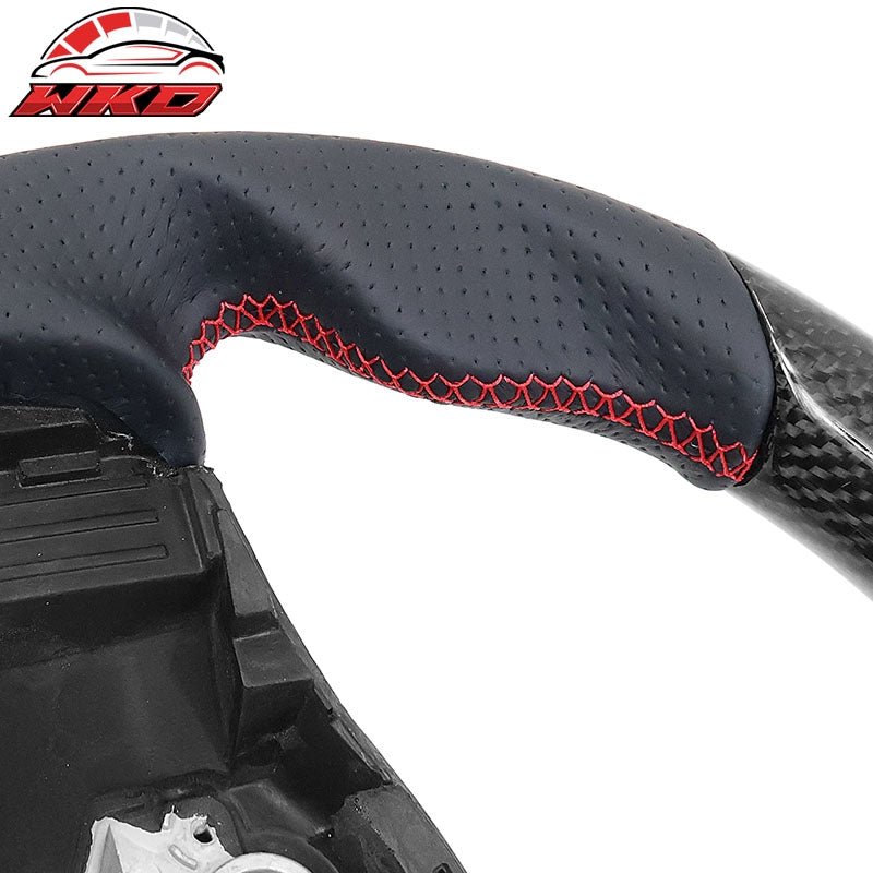 Fits 17-25 Tesla Model 3 & Y Steering Wheel CF Leather W/ Red Stitch & Stripe