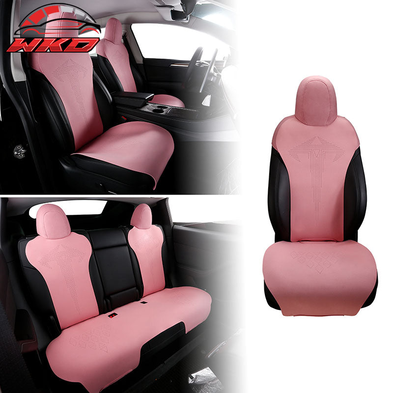 Fits 20-25 Tesla Model Y V1 Seat Covers Cushion Protector Suede Leather Pink