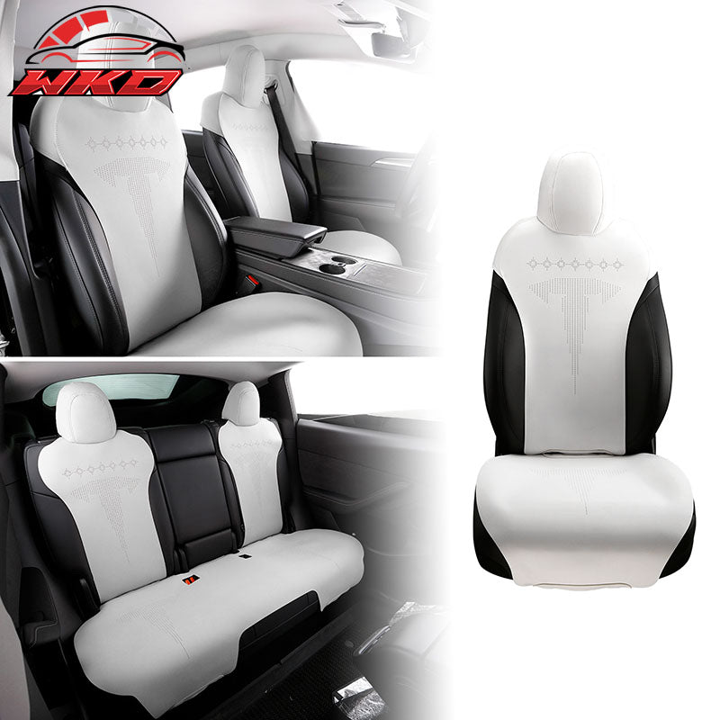 Fits 20-25 Tesla Model Y V2 Seat Covers Cushion Protector Suede Leather White