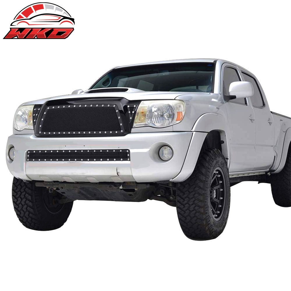 Fits 05-09 Toyota Tacoma Front Rivet Mesh Bumper Grille w/ Shell Gloss Black