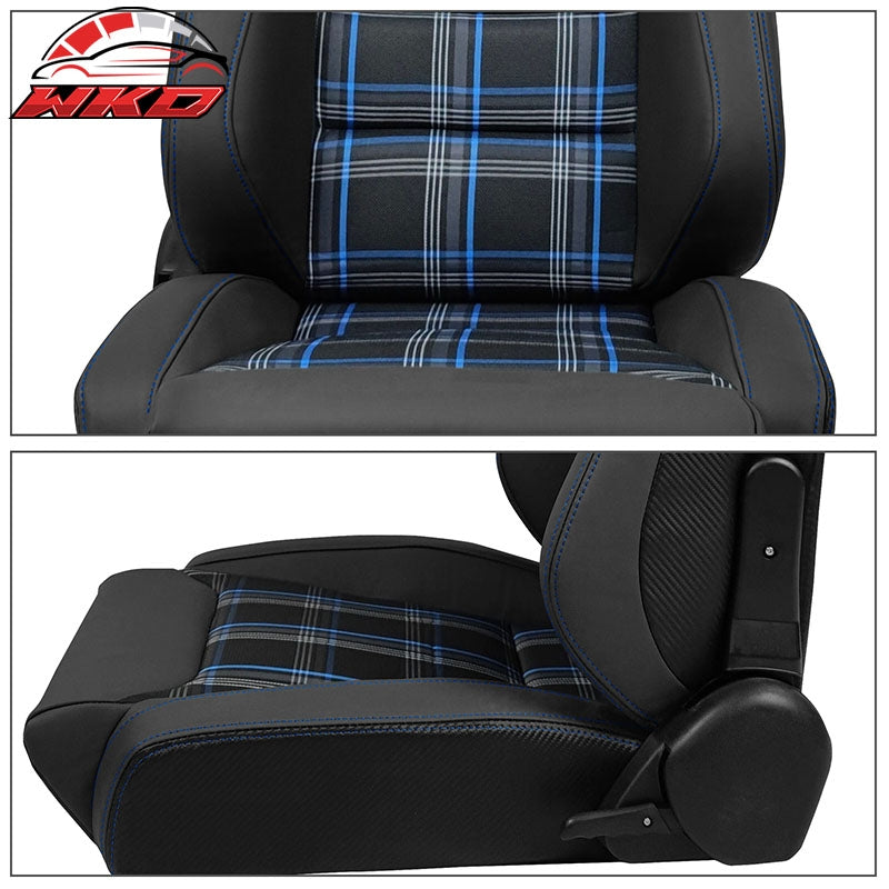 Universal Reclinable Racing Seat 2PC Dual Slider Microfiber Leather Blue Plaid
