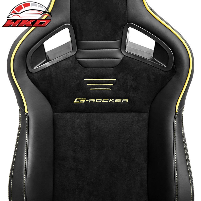 Universal 2x Reclinable Racing Seats Dual Slider Suede PU Carbon Leather Yellow