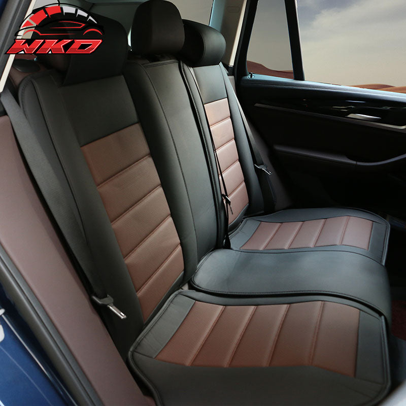 Universal Front Rear Car Seat Covers Black & Brown PU Leather 01 Style Full Set