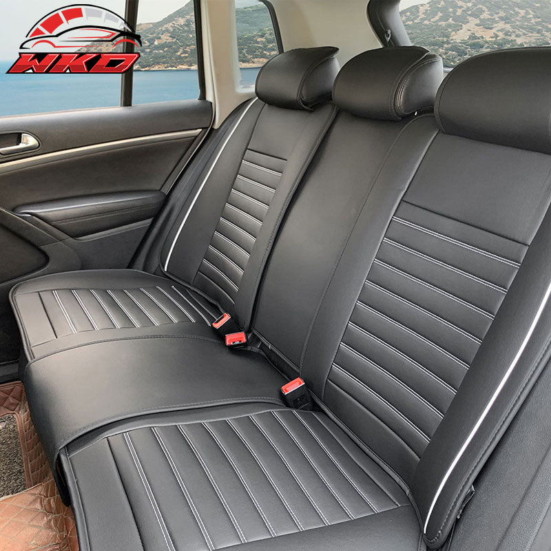 Universal Black & White Striped Car Seat Covers PU Leather Full Set - 02 Style