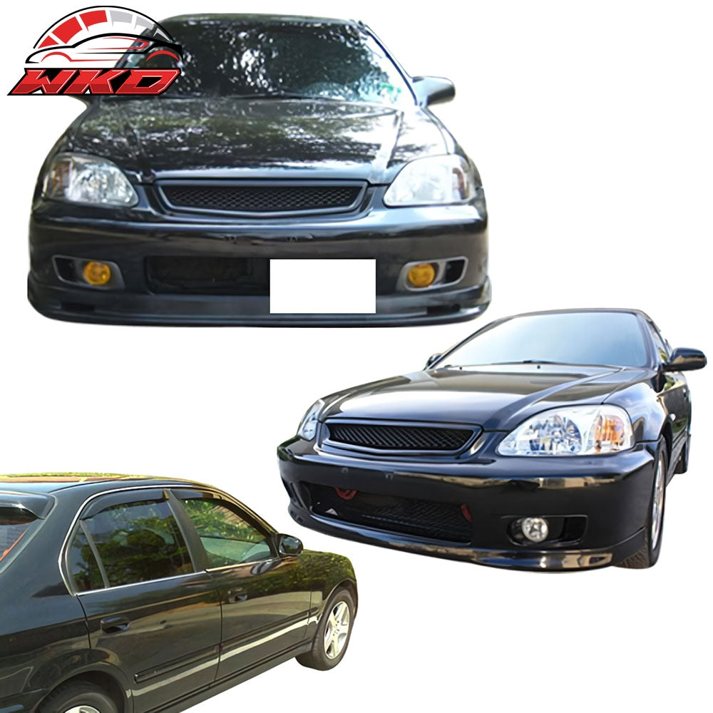 Fits 99-00 Honda Civic Mugen Front Bumper Lip PP + Grille + 4PCS Window Visors
