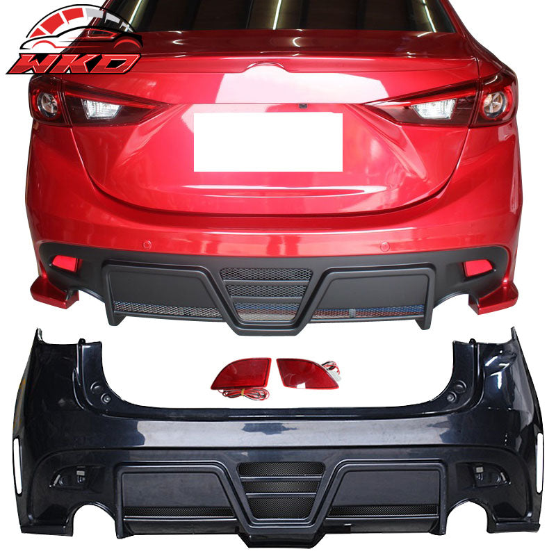 Fits 14-16 Mazda 3 4D KS Style Unpainted Rear Bumper Conversion W/ Red LED Light