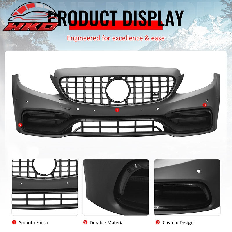 For 15¨C21 Benz C-Class W205 2019+ C63 Front Bumper Cover Kit W/ Chrome Grille