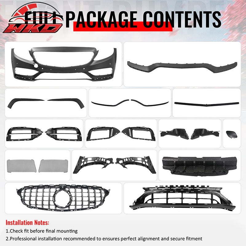 For 15¨C21 Benz C-Class W205 2019+ C63 Front Bumper Cover Kit W/ Chrome Grille