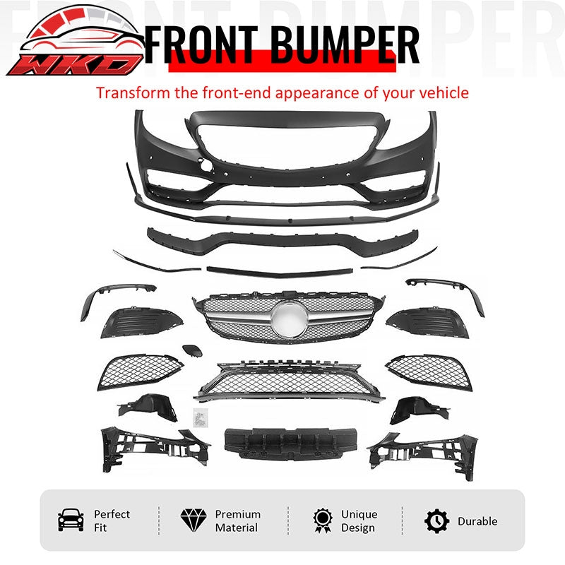 Wholesale 15：C21 Benz C-Class W205 C63 Front Bumper Cover W/ Silver Grille + Lower Lip - Wikond Auto