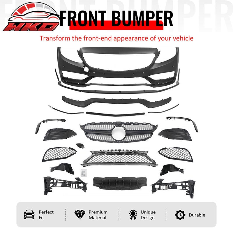 Fits 15¨C21 Benz C-Class W205 C63 Front Bumper Cover W/ Gloss Black Grille + Lip