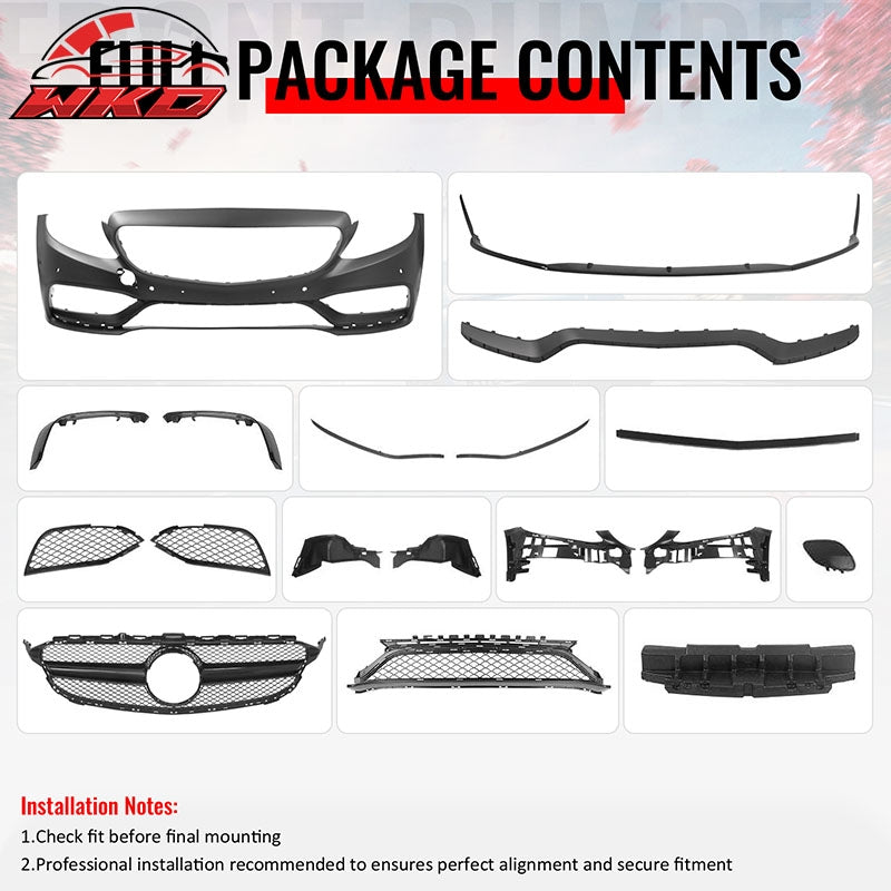 Fits 15¨C21 Benz C-Class W205 C63 Front Bumper Cover W/ Gloss Black Grille + Lip