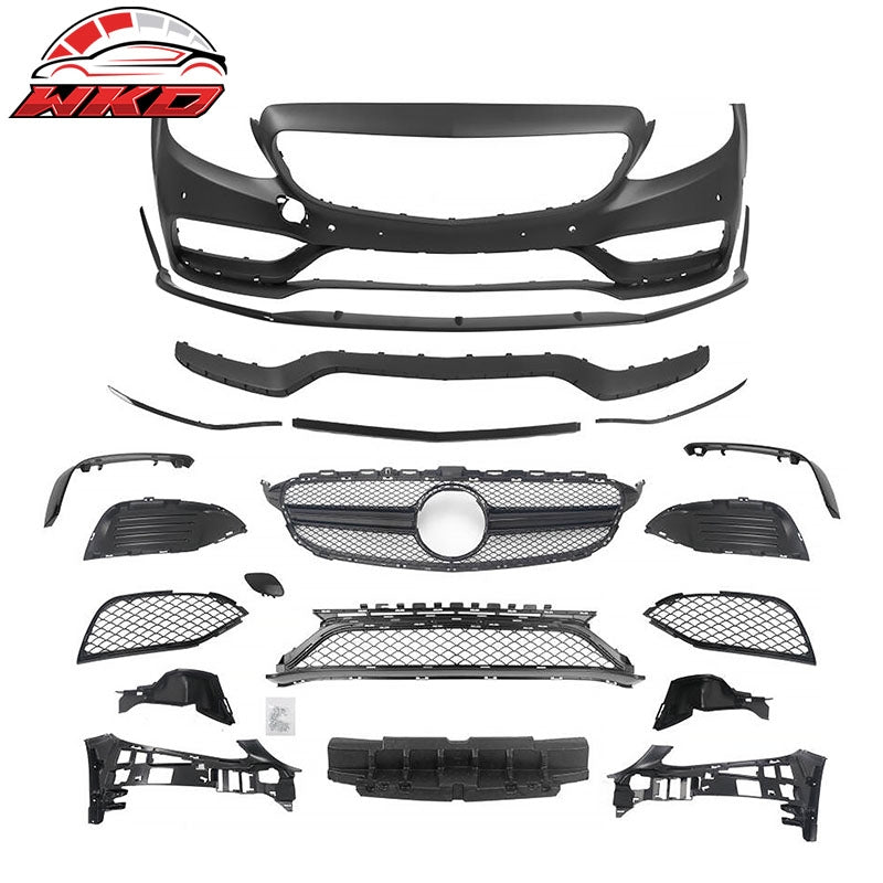 Fits 15¨C21 Benz C-Class W205 C63 Front Bumper Cover W/ Gloss Black Grille + Lip