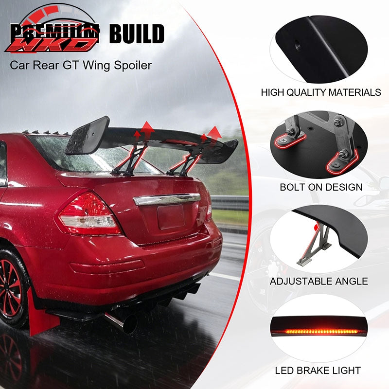 Fits 57 Inch GT Trunk Spoiler Wing Adjustable With LED Brake Light Unpainted ABS