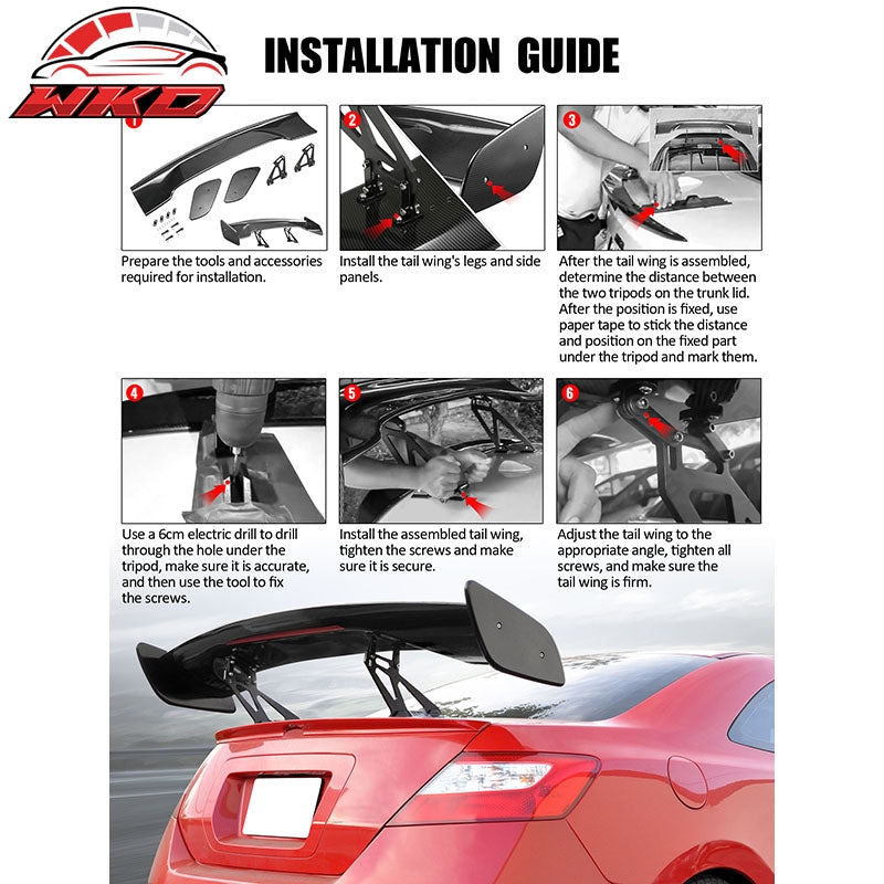 Fits 57 Inch GT Trunk Spoiler Wing Adjustable With LED Brake Light Unpainted ABS