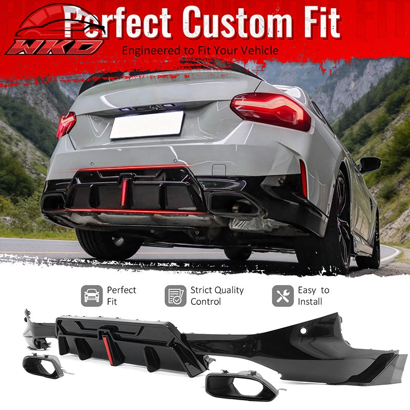 For 22-26 BMW 2-Series G42 IKON LED Rear Diffuser W/ Exhaust Tips PP Gloss Black