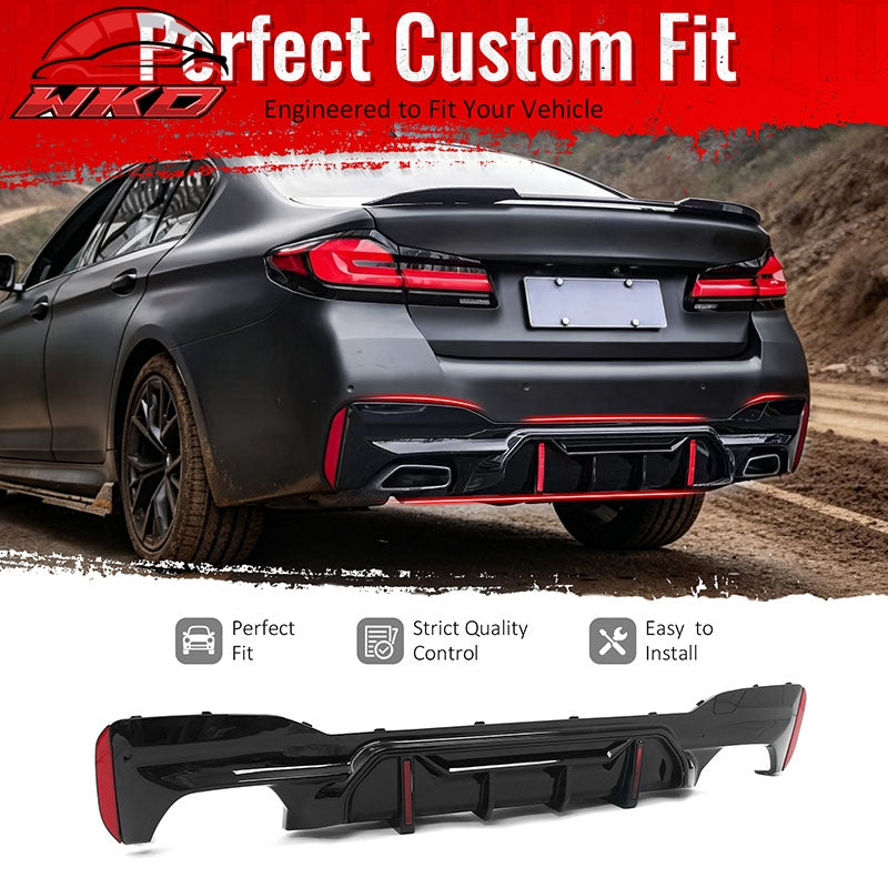 Fits 17-20 BMW 5 Series G30 M Sport Gloss Black LED Rear Diffuser w/Quad Exhaust