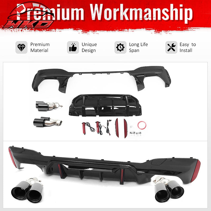 Fits 17-20 BMW 5 Series G30 M Sport Gloss Black LED Rear Diffuser w/Quad Exhaust