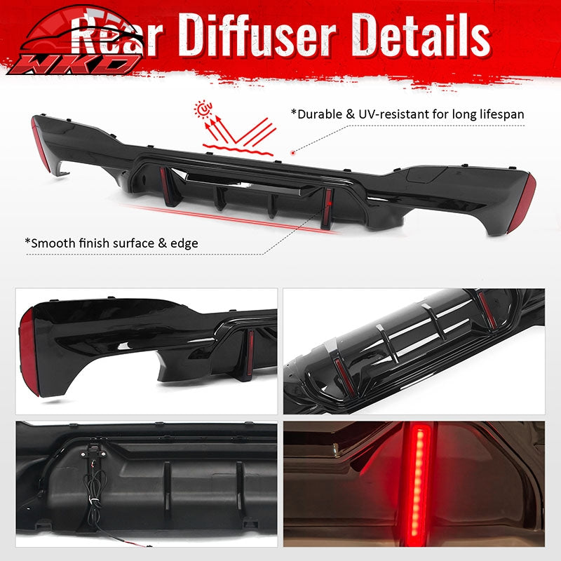 Fits 17-20 BMW 5 Series G30 M Sport Gloss Black LED Rear Diffuser w/Quad Exhaust