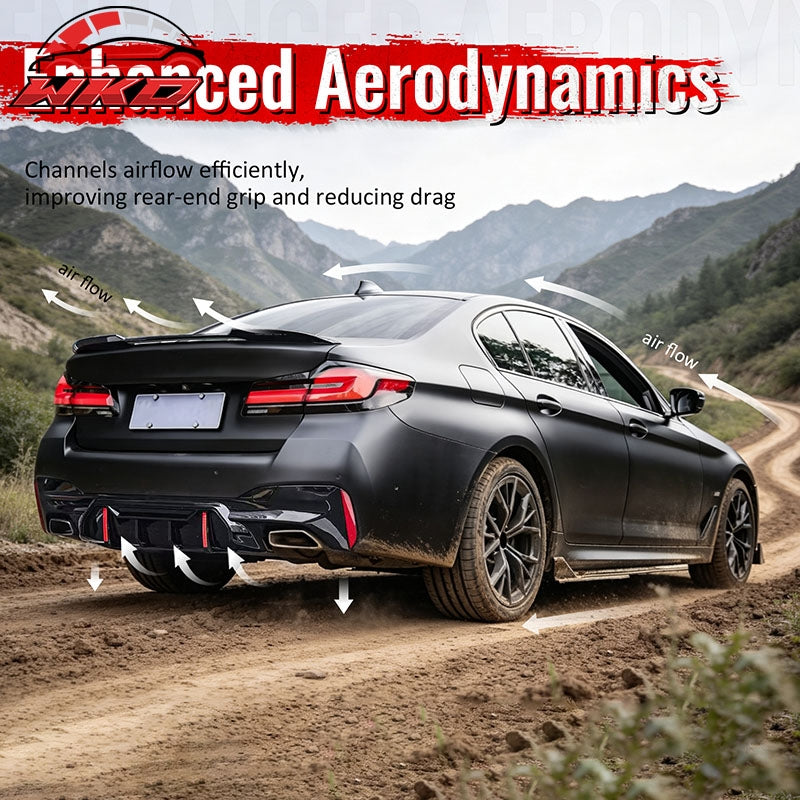 Fits 17-20 BMW 5 Series G30 M Sport Gloss Black LED Rear Diffuser w/Quad Exhaust