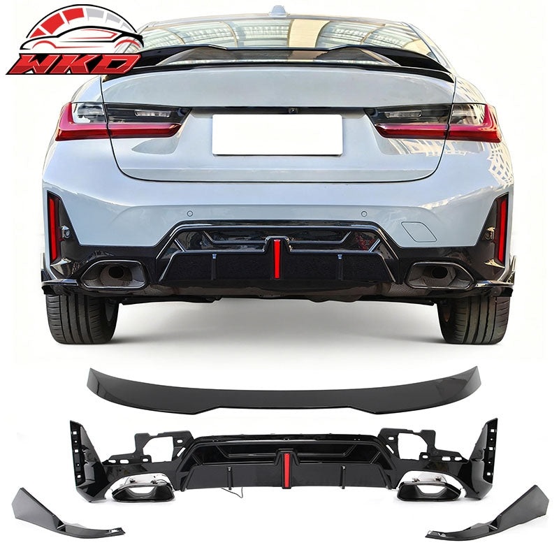 Wholesale 23-26 BMW G20 Rear Diffuser W/LED + Apron + Tip + Trunk Spoiler Gloss Black
