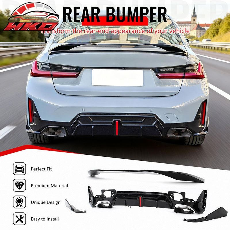 Fits 23-26 BMW G20 Rear Diffuser W/LED + Apron + Tip + Trunk Spoiler Gloss Black