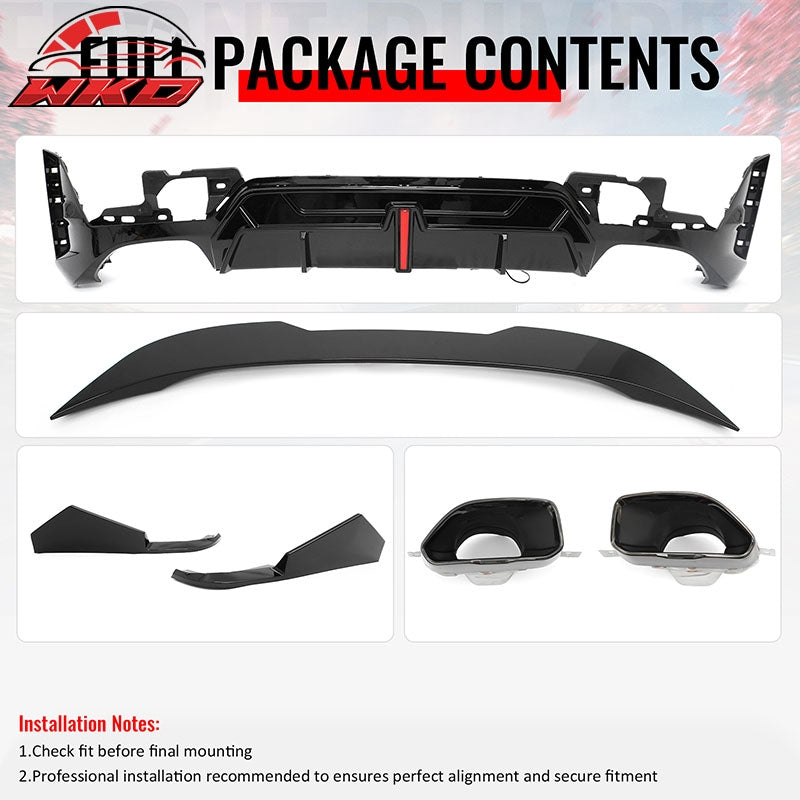 Fits 23-26 BMW G20 Rear Diffuser W/LED + Apron + Tip + Trunk Spoiler Gloss Black