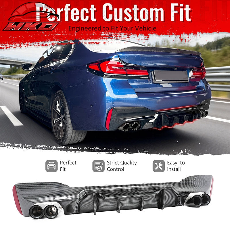 Fits 17-20 BMW G30 Carbon Fiber Print Rear Diffuser MP Style+ Black Quad Exhaust