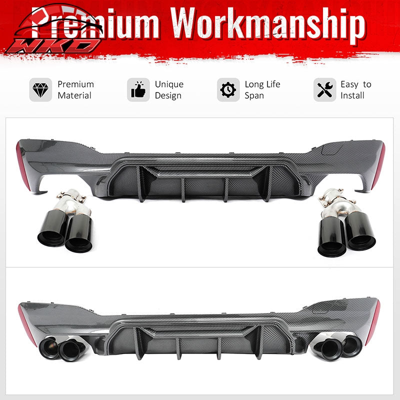 Fits 17-20 BMW G30 Carbon Fiber Print Rear Diffuser MP Style+ Black Quad Exhaust
