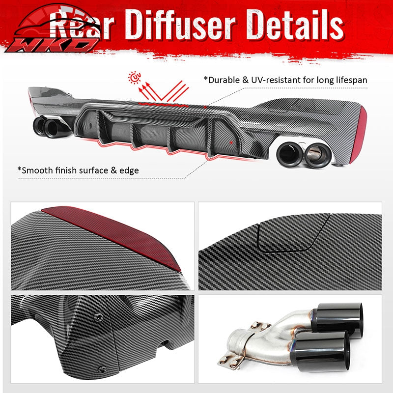 Fits 17-20 BMW G30 Carbon Fiber Print Rear Diffuser MP Style+ Black Quad Exhaust