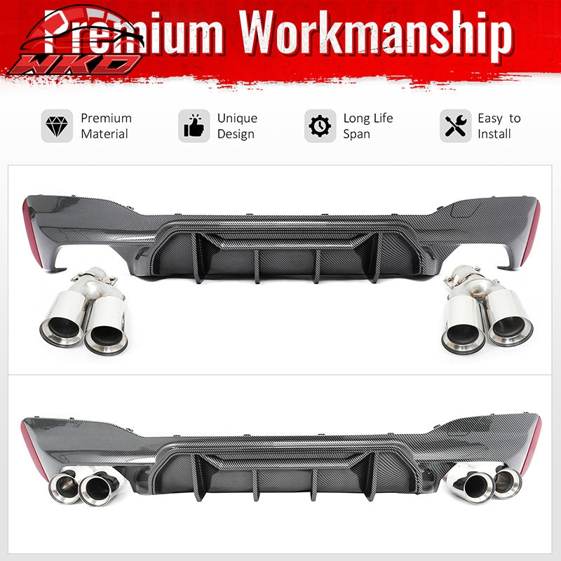 For 17-20 BMW G30 Carbon Fiber Print Rear Diffuser MP Style+ Silver Quad Exhaust