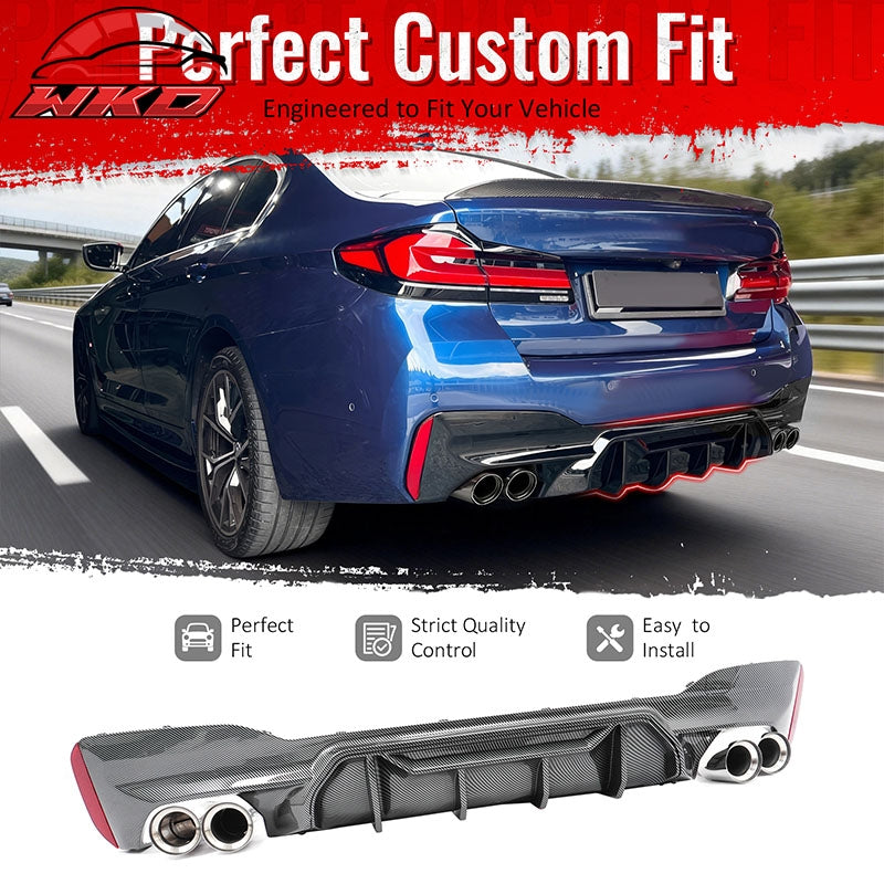 For 21-23 BMW G30 Carbon Fiber Print Rear Diffuser MP Style+ Silver Quad Exhaust