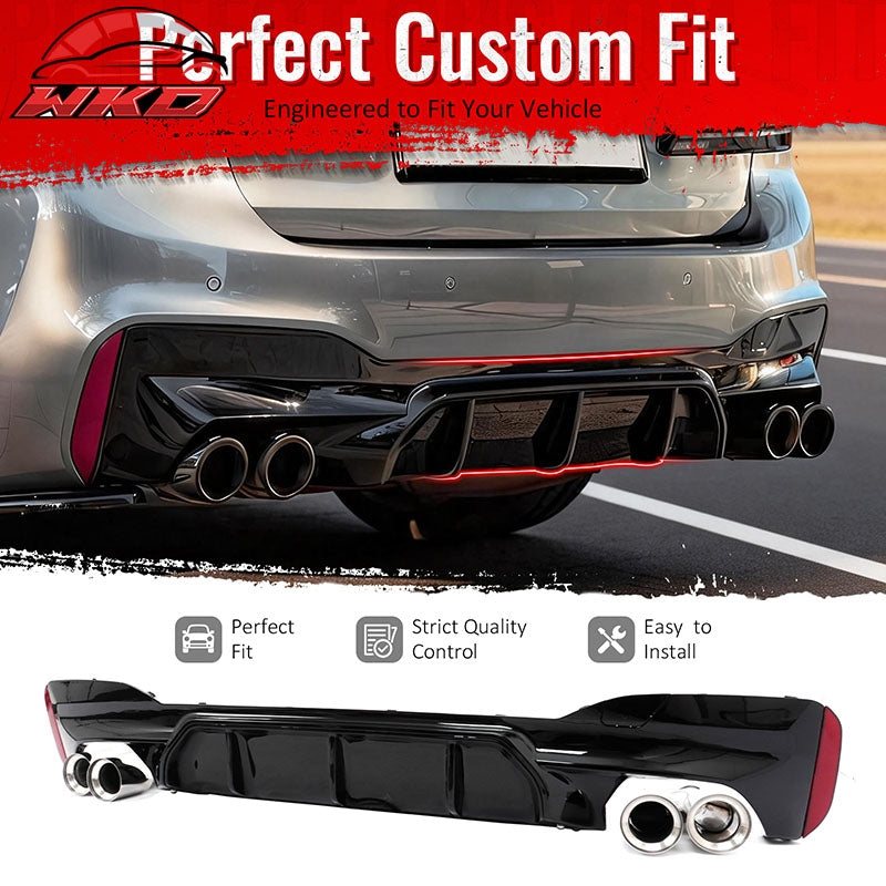 For 17-20 BMW G30 Competition Style Gloss Black Rear Diffuser Silver Exhaust Tip