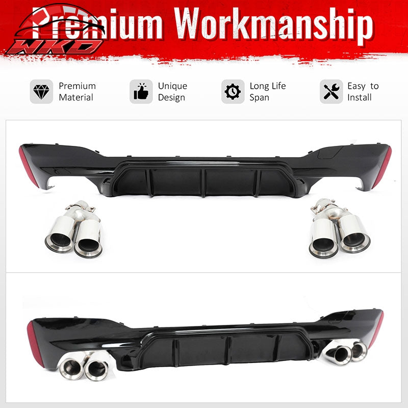 For 17-20 BMW G30 Competition Style Gloss Black Rear Diffuser Silver Exhaust Tip
