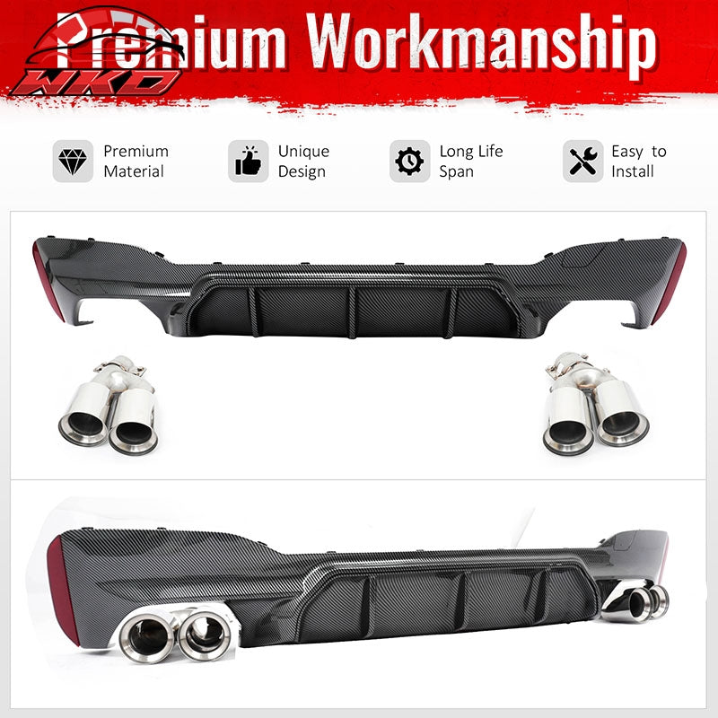Fits 17-20 BMW G30 Competition Style Rear Diffuser CF Print + Silver Exhaust Tip