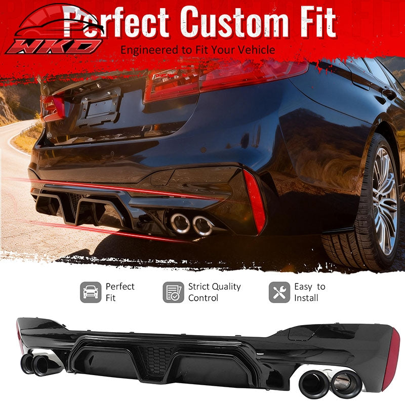 Fits 17-20 BMW G30 Gloss Black Rear Diffuser M5 CS Style + Black Quad Exhaust