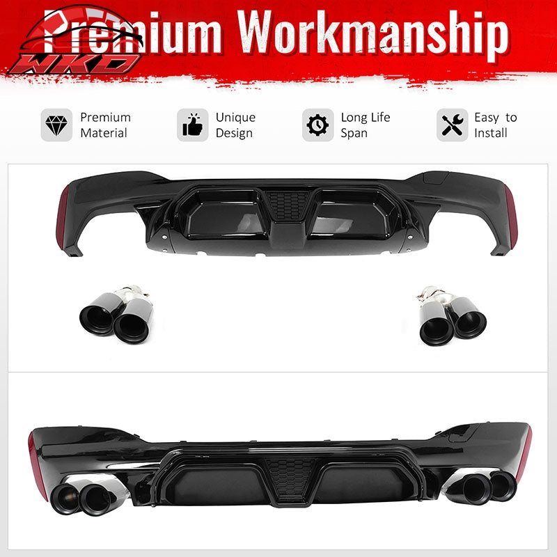 Fits 17-20 BMW G30 Gloss Black Rear Diffuser M5 CS Style + Black Quad Exhaust