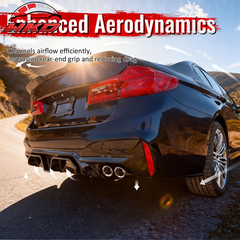 Fits 17-20 BMW G30 Gloss Black Rear Diffuser M5 CS Style + Black Quad Exhaust