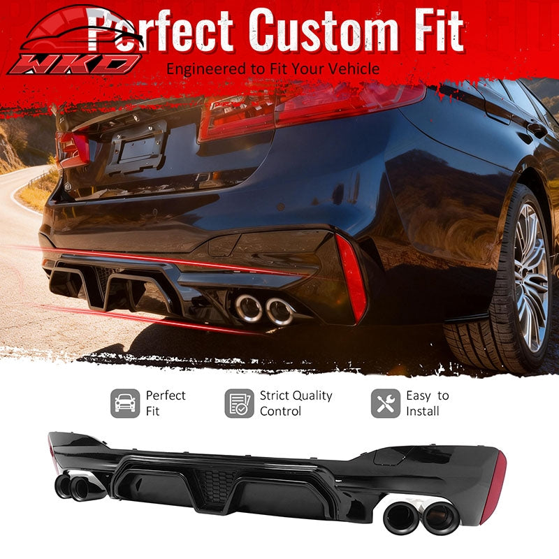 Fits 21-23 BMW G30 Gloss Black Rear Diffuser M5 CS Style + Black Quad Exhaust