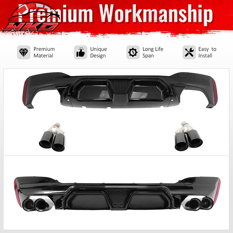 Fits 21-23 BMW G30 Gloss Black Rear Diffuser M5 CS Style + Black Quad Exhaust