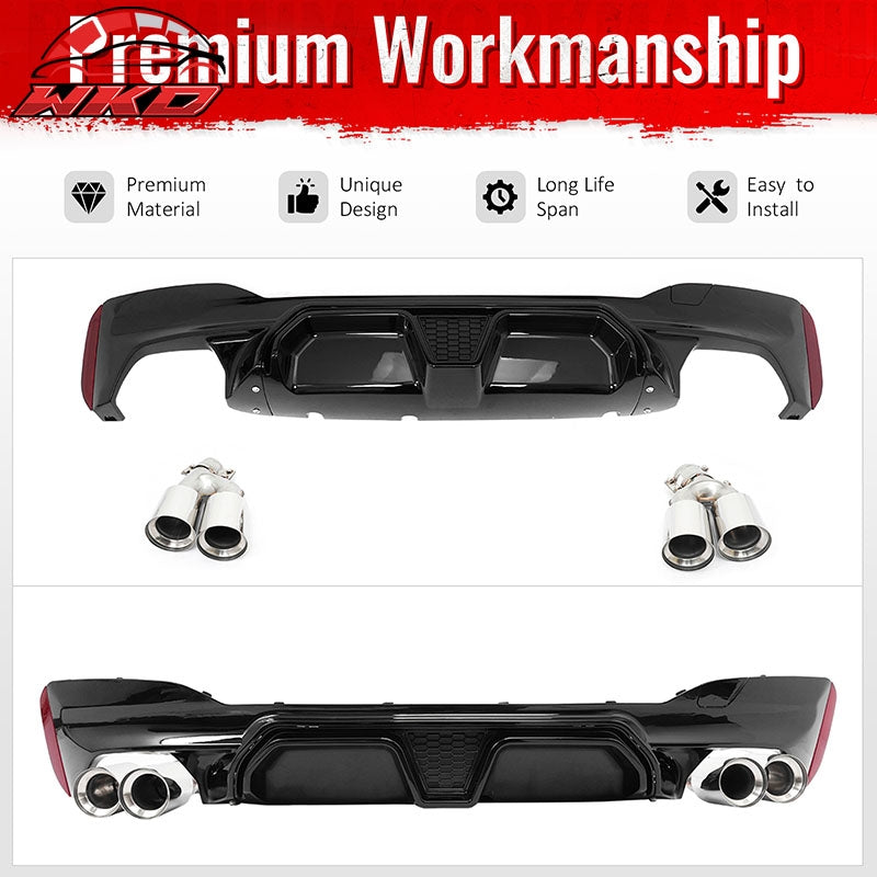 Fits 17-20 BMW G30 Gloss Black Rear Diffuser M5 CS Style + Silver Quad Exhaust