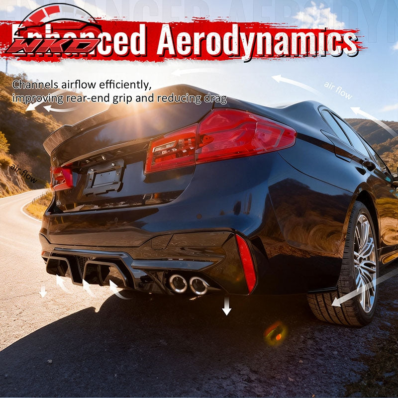 Fits 17-20 BMW G30 Gloss Black Rear Diffuser M5 CS Style + Silver Quad Exhaust