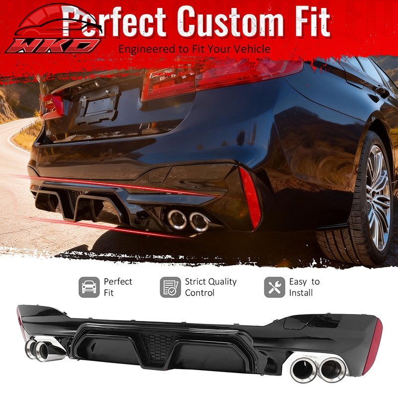 Fits 21-23 BMW G30 Gloss Black Rear Diffuser M5 CS Style + Silver Quad Exhaust
