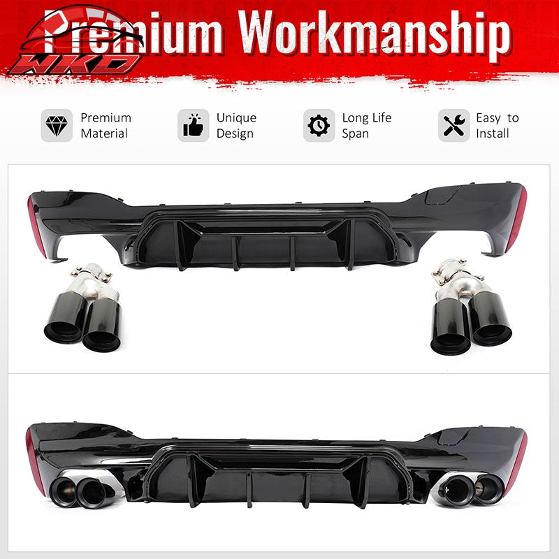Fits 17-20 BMW G30 Gloss Black Rear Diffuser M5 MP Style + Black Quad Exhaust