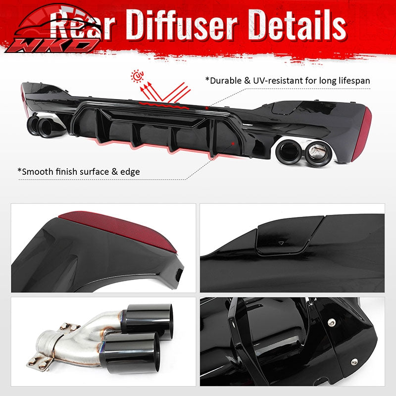 Fits 17-20 BMW G30 Gloss Black Rear Diffuser M5 MP Style + Black Quad Exhaust